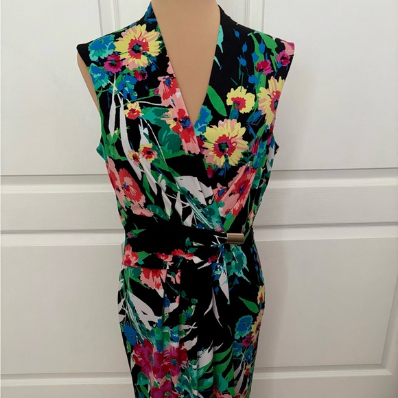 Ellen Tracy Floral Sleeveless Faux Wrap Dress Size 10 Vibrant Multicolor - Picture 1 of 10